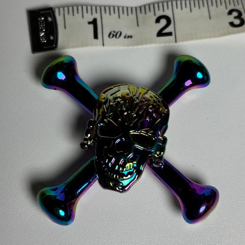 Iridescent‎ Skull and Crossbones Metal Fidget Spinner Rainbow Oil Slick Finish